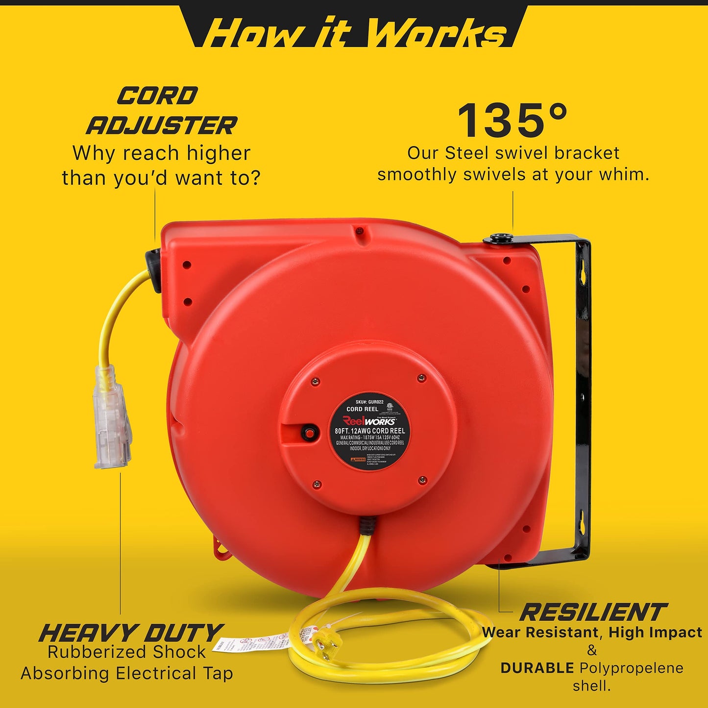 ReelWorks Air Hose Reel Retractable 3/8" Inch x 50' Feet Hybrid Polymer Hose, Max. 300 PSI & Extension Cord Reel Retractable 12awg x 80' Foot 3C/SJTOW Glow Strip Cable