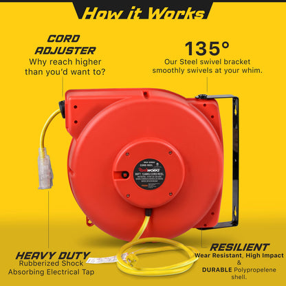 ReelWorks Air Hose Reel Retractable 3/8" Inch x 50' Feet Hybrid Polymer Hose, Max. 300 PSI & Extension Cord Reel Retractable 12awg x 80' Foot 3C/SJTOW Glow Strip Cable