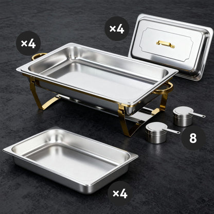 9Qt Chafing Dishes for Buffet, Gold Stainless Steel Chafing Dish Sets, Food Warmers for Parties, Buffet Servers and Warmers, Warming Trays for Buffets Party, Catering Supplies Buffet Display, 4 Pack