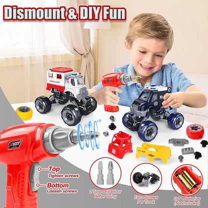 LUDILO Kids Boys Toys Age 4-6 5-7 6-8: 4 PCS DIY Assembly Building City Bus Ambulance Police Car Toy Fire Truck with Electric Drill Stem Learning Toys Gifts for 3 4 5 6 7 8 Year Old Boys Girls Kids