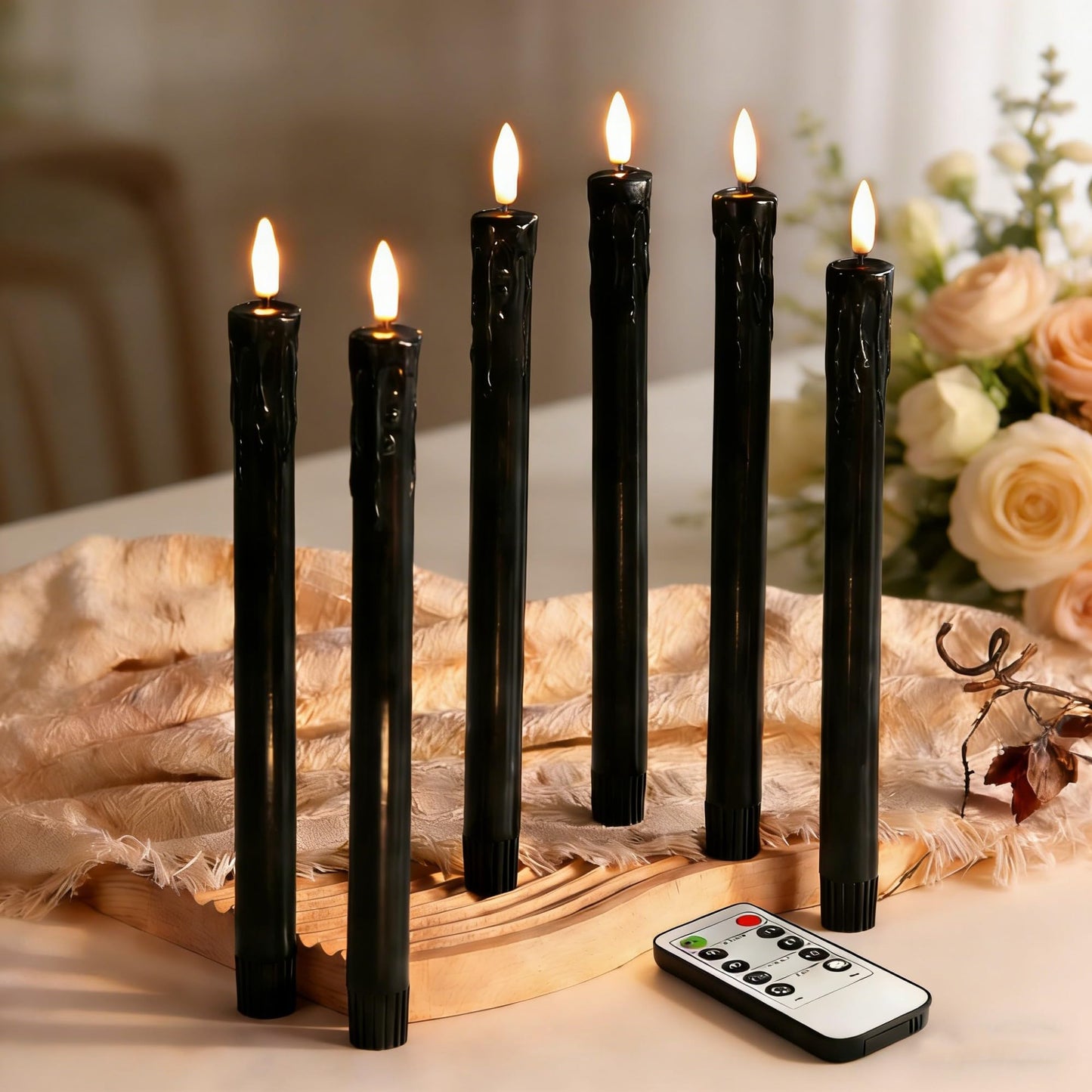 Eywamage Black Dripping Wax Flameless Taper Candles with Remote, Flickering LED Wax Candlesticks Battery Operated Set of 6