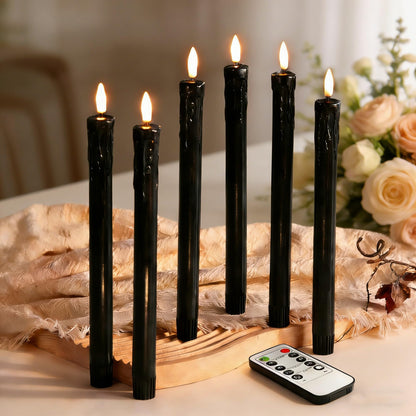 Eywamage Black Dripping Wax Flameless Taper Candles with Remote, Flickering LED Wax Candlesticks Battery Operated Set of 6