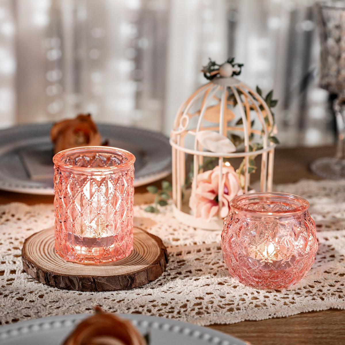 DARJEN Pink Votive Candle Holders Set of 24- Round Glass Candle Holders Bulk for Flameless LED Tea Waxes, Romantic Candle Holder for Wedding & Various Parties, Home Table Decor