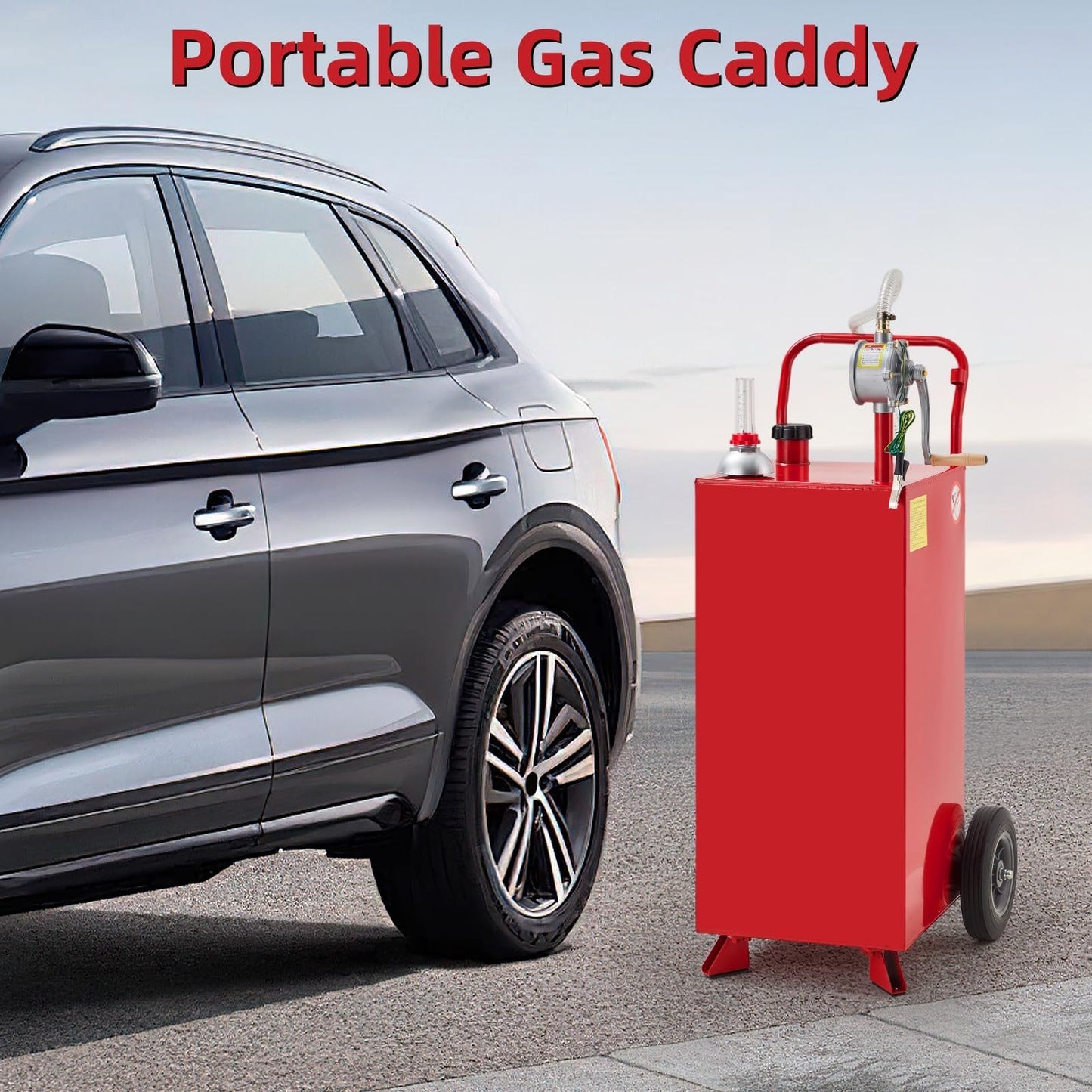 20 Gallon Fuel Caddy, Portable Gas Storage Tank with Manual Transfer Pump, Hose & 2 Wheels, Gasoline Diesel Fuel Container for Cars, ATVs, Boats, Lawn Mowers, Red
