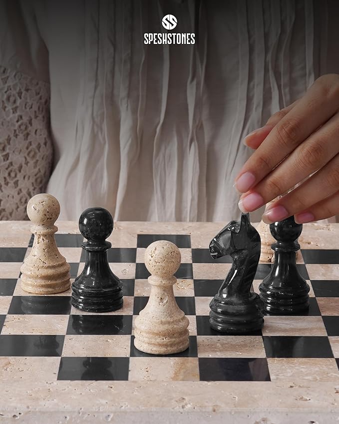Marble Chess Set 15 Inch Handmade Travertine &amp Black Luxury Board Games for Adults Elegant Table top Board Game Travel Chess Pieces &amp Storage Box for Gifts &amp Home Decor