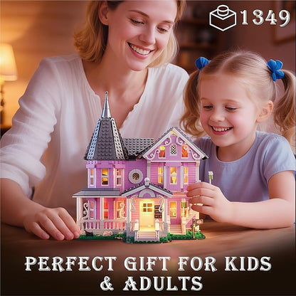 Pink Palace House Building Set with Lights 1349PCS Halloween Haunted House Blocks Compatible with Lego Christmas Birthday Gifts for Kids Adults Aged 8+