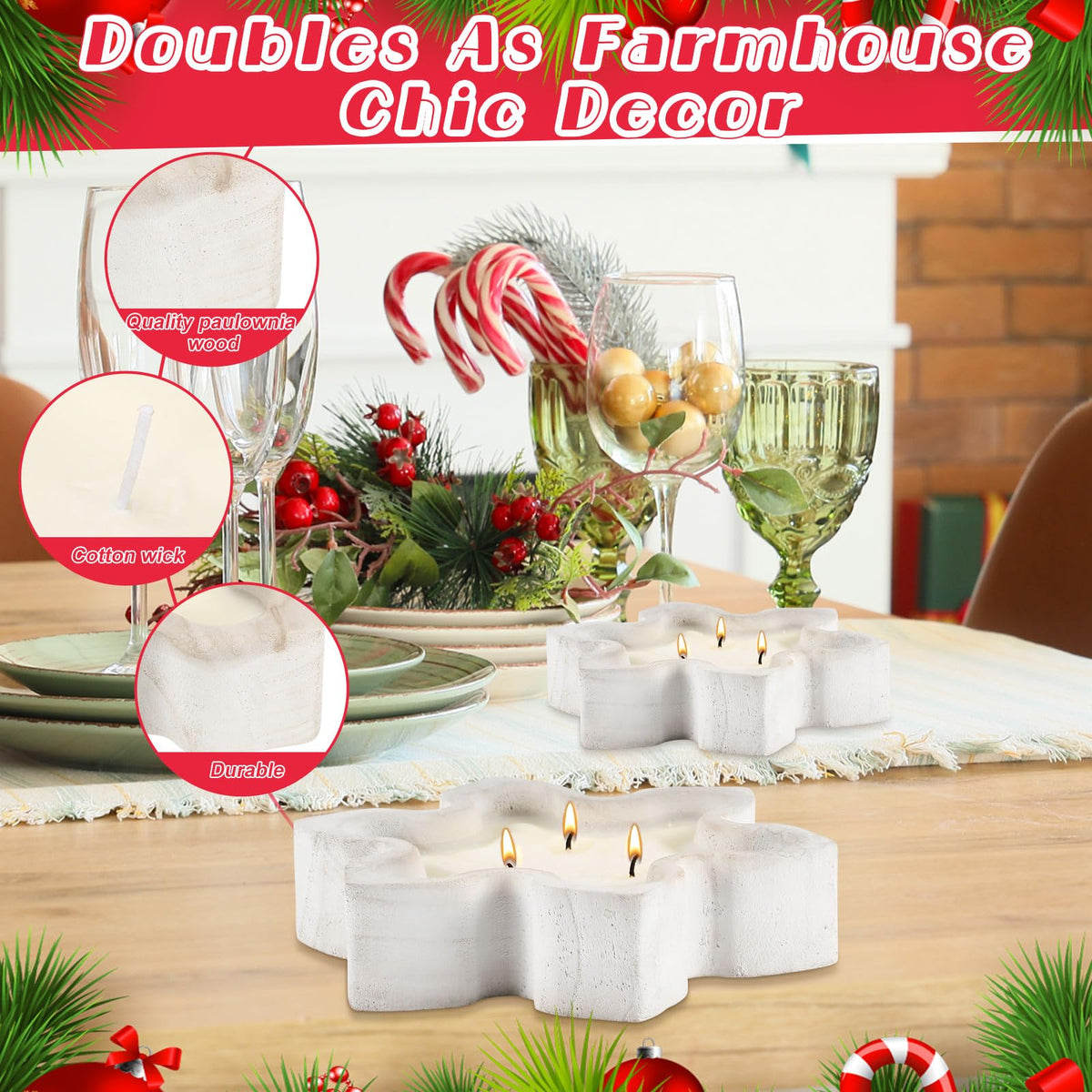 MTLEE 2 Pack Christmas Wood Dough Bowl Candle Snowflake Wooden Candle Bowl 3 Wick Xmas Farmhouse Decoration with Berries Pine Label for Christmas Table Centerpiece Birthday Gift Home Party Decor
