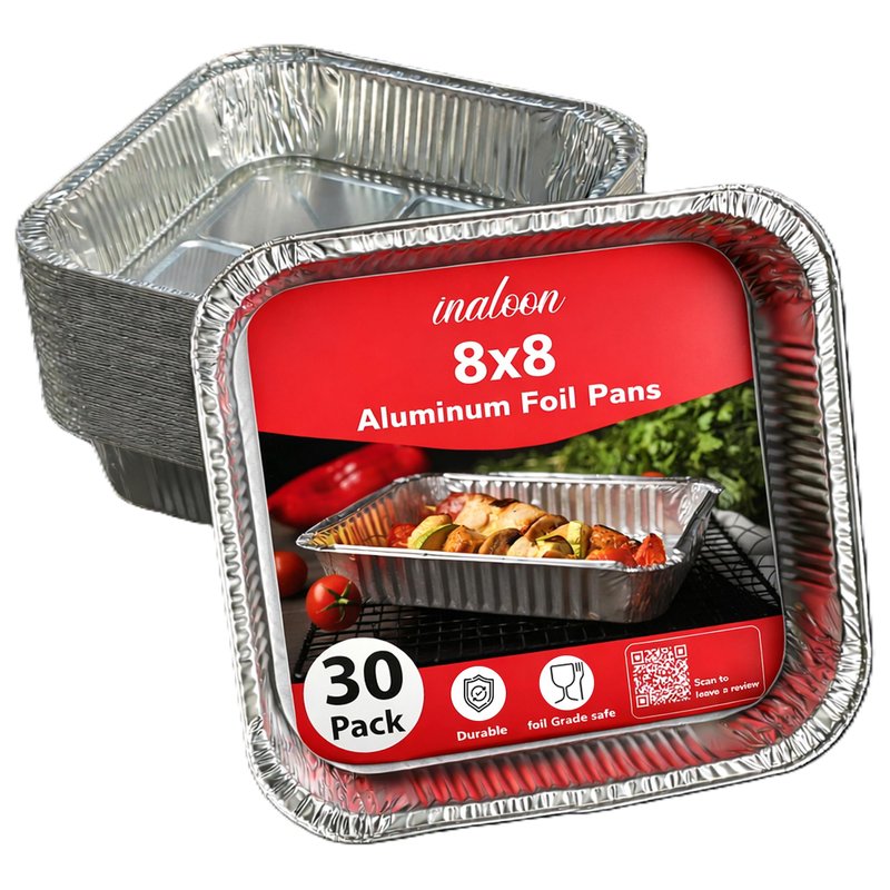 Inaloon 8x8 Aluminium Foil Pans – 30 Pack Disposable Aluminium Pans for Baking, Roasting, Cooking, Meal Prep & Food Storage