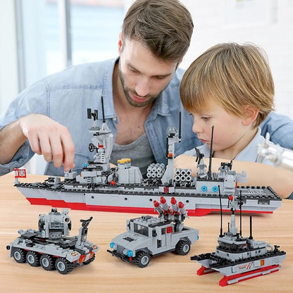 1296 Pieces City Police Set Aircraft Carrier Blocks Set 6 in 1 Military Warship Battleship Building kit with Airplane Boat Cop Car Tank Creative Roleplay Ship Gift Toys for Kids Boys 6-12 Years