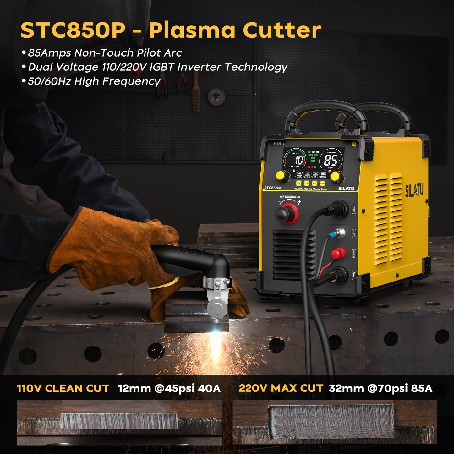 SILATU 85Amps Plasma Cutter, STC850P HF Non-Touch Pilot Arc Plasma Cutter Machine, 110/220V Dual Voltage Air Sensor Technology Digital Display, 1'' Clean Cut 5/4'' Max Cut, PT/2T/4T for Beginners DIY