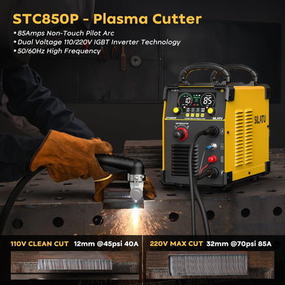 SILATU 85Amps Plasma Cutter, STC850P HF Non-Touch Pilot Arc Plasma Cutter Machine, 110/220V Dual Voltage Air Sensor Technology Digital Display, 1'' Clean Cut 5/4'' Max Cut, PT/2T/4T for Beginners DIY