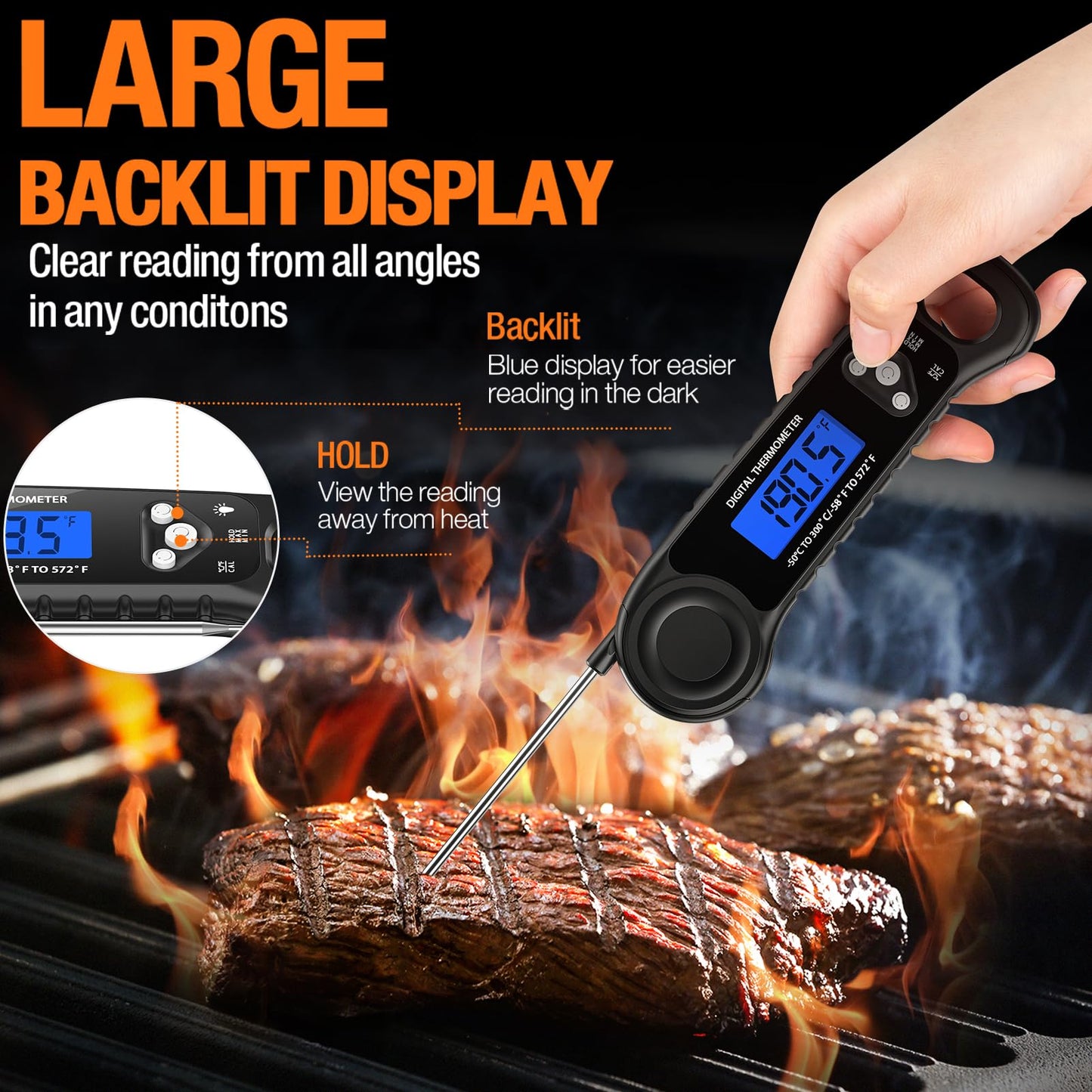 AMMZO Meat Thermometer Digital, Instant Read Food Thermometer for Cooking Deep Fry BBQ Oven Grill Smoker Roast and Candy Thermometer, Camping & Kitchen Essentials, Gifts for Men Women