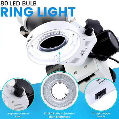AmScope SM-3B Series Binocular Zoom Stereo Microscope - 3.5X-90X Magnification - Includes 80 LED Compact Ring Light & Single Arm Boom Stand