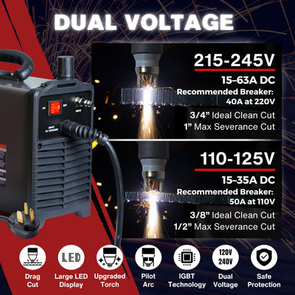 LOTOS Apex LTP6300DCNC | 63A CNC-Enabled Plasma Cutter, Drag-Cut Enables, Non-HF Blowback Pilot Arc, 3/4" Clean (1" Sever), THC/ARC OK, Dual-Voltage 110/220V, LED Controls, Portable Air Plasma Cutter