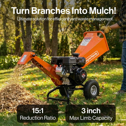 SuperHandy Wood Chipper Shredder Mulcher 7HP Engine Heavy Duty Compact Rotor Assembly Design 3" Inch Max Capacity Aids in Fire Prevention and Building Firebreaks