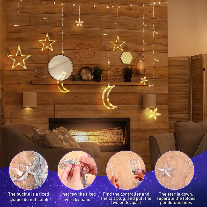 Riakrum 11.48 ft 21 LED Star and Moon String Lights Plug in Christmas Warm White Fairy Light Waterproof Decor for Bedroom USB Powered LED Curtain Light with USB Battery Box Cable Clip Wedding Party