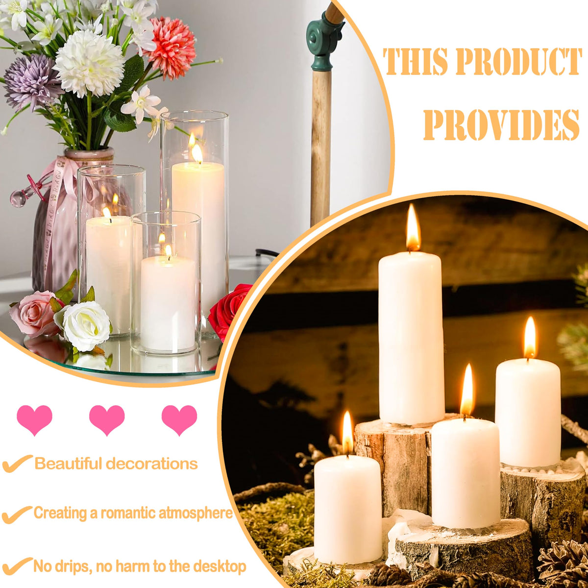 Veiuwa 36 Pcs Ivory Pillar Candles Bulk Set，2x3 2x6 2x8 Inch - 12 Each Size，Hurricane Candles，Dripless Unscented Smokeless，Gives You a Better Atmosphere When Organizing Wedding or Event Party.