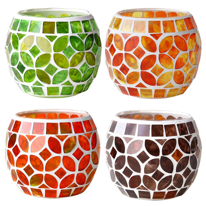 SHMILMH Mosaic Candle Holders Set of 4, Handmade Glass Tealight Votive Holders, Fall Thanksgiving Diwali Decor, Autumn Wedding Party Table Centerpiece, Brown Orange Green