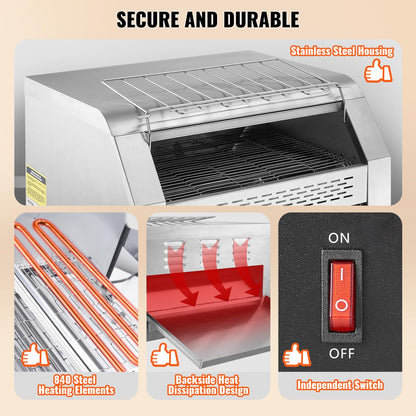 VEVOR 1770W Commercial Conveyor Toaster, 450 Slices per Hour, Heavy Duty Electric Toaster Oven, Food-Grade 304 Stainless Steel Conveyor Belt, Dual Knob Control, for Restaurant Bakery Bread Bagel Bun