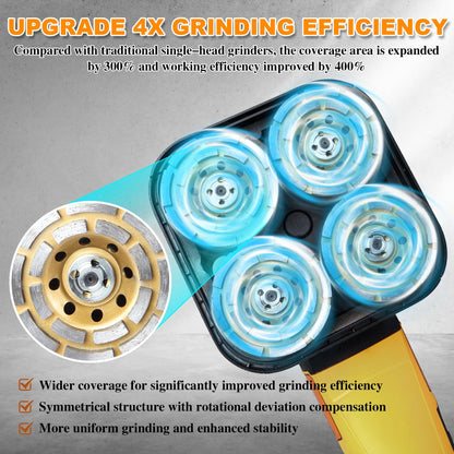 4-Head Concrete Grinder Set, 4" 3800W Concrete Floor Grinder with Long Handle, Dust Extraction Shroud & Water Pump, 6000RPM Concrete Surface Grinder Machine for Grinding Concrete Marble Granite