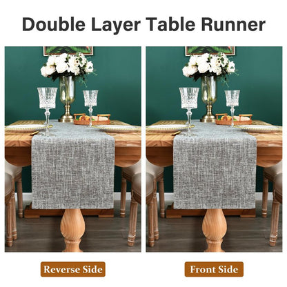 Farmhouse Rustic Faux Linen Table Runner Neutral Grey Table Runners Double Layer Reversible Rectangle Runners for Daily Use Kitchen Dining Banquet Holiday 13x36 Inch