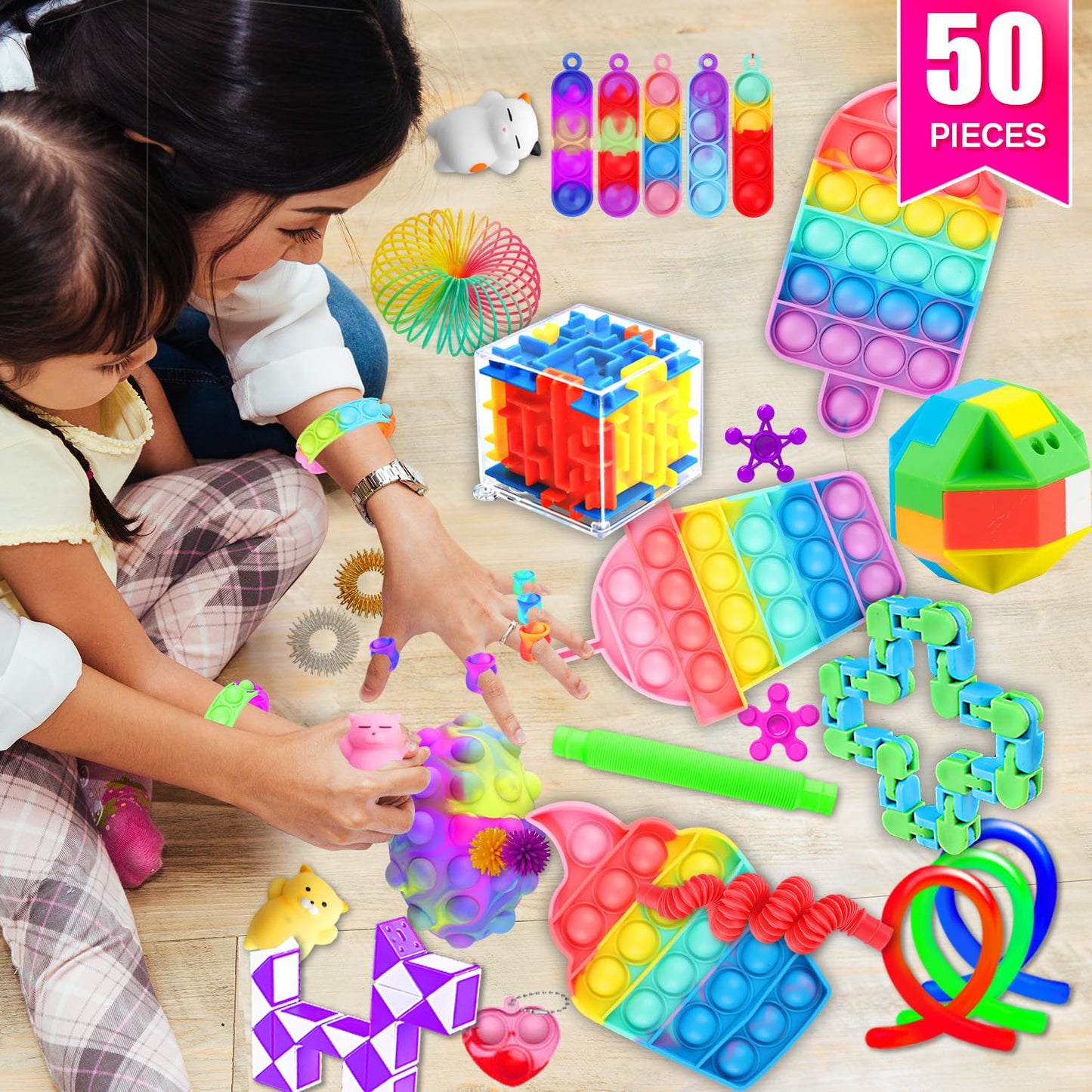 SUNNERLY Fidget Toys, 50 Pack Sensory Toy Set Bulk Stocking Stuffers Carnival Treasure Box Classroom Prizes Gifts Party Favors for Kids Adults Boys Girls, Stress Relief Anxiety Relief Autism Autistic