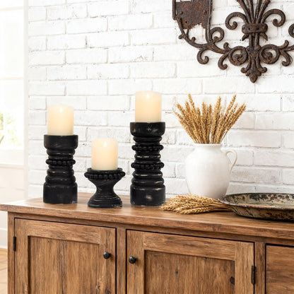 MODE HOME Rustic Black Wood Candle Holders Set of 3, Farmhouse Beaded Wood Pillar Candle Holder, Candle Holders for Pillar Candles & Candlesticks, Candle Sticks Holder Decor for Table Centerpiece