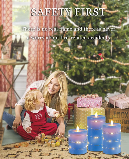 Da by 3 Pack Blue Real Wax Flameless Taper Candles, Lifelike Flickering LED Flame Candles with Surrounding Fairy String Lights, Soft Warm Battery Candles with Remote for Home Wedding Holiday Decor