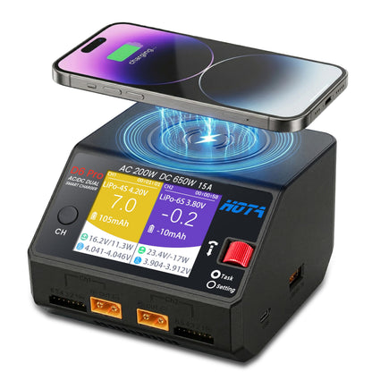 HOTA D6 Pro Lipo Battery Charger,Dual Channel 15A AC200W DC650W Smart Balance Charger with Wireless Charging Panel USB Output for 1-6S LiPo LiHV NiMH Pb Batteries RC Car Boat FPV (Black)