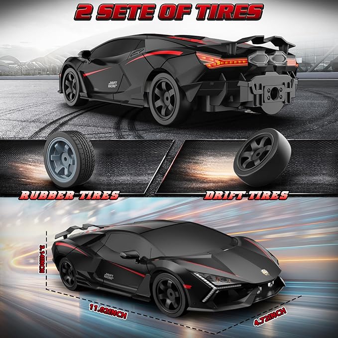 RC Drift Car 1:16 Remote Control Car 2.4Ghz High Speed RC Cars 4WD Racing Sport Toy Cars with LED Lights Spray Drifting Tires 2 Batteries for Kids Boys Girls Adults Birthday Christmas