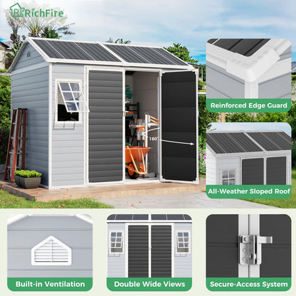 8x6 FT Resin Plastic Shed with Floor, Heavy-Duty 21-Gauge Reinforced Steel Frame, 16mm Ultra-Thick Panels, Outdoor Storage Sheds with Awning Windows and Air Vents