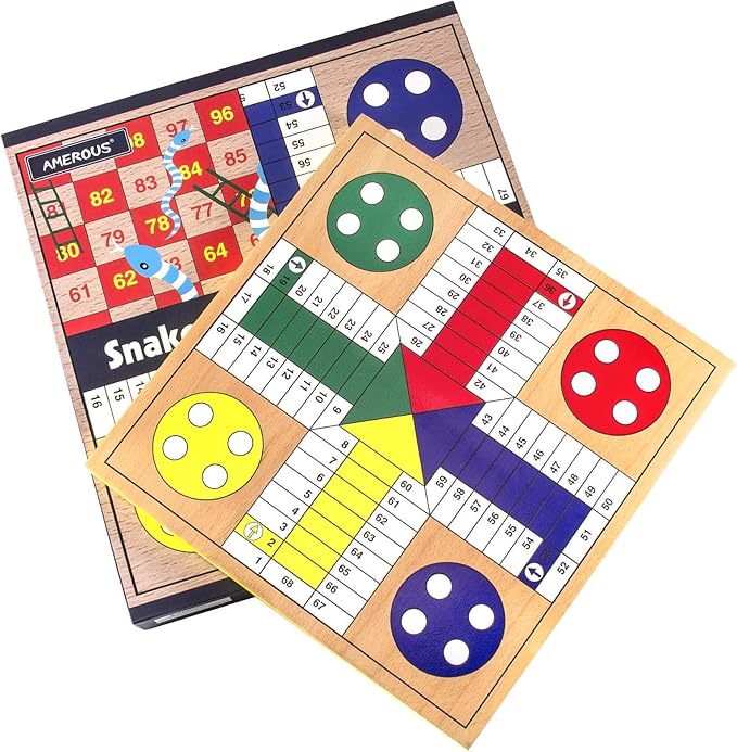 AMEROUS 12 inches Wooden Ludo Board Game - Snakes and Ladders 2 in 1 Reversible 1-4 Players Family Dice Games Set for Kids Adults Classics Tabletop Version (Gift Box Packed)