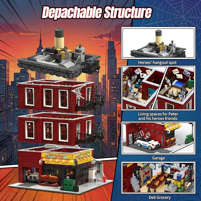 Spider Final vs. Building Set for Adults - MOC Heroes Peter &amp Friends' Apartment House Modular Building with Police Car Deli Grocery for Architecture Collectors Movie Fans Gift (3559 Pcs)