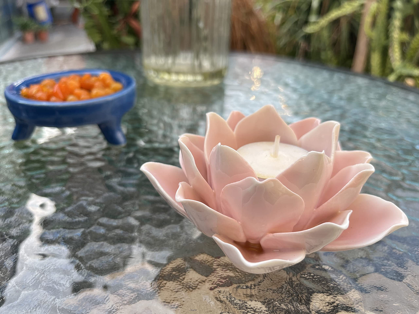 Pretty Home Ceramic Lotus Candle Holder Handmade Petals Style Flower Tea Lights Holder Home & Tabletop Centerpiece Decoration (Pink)