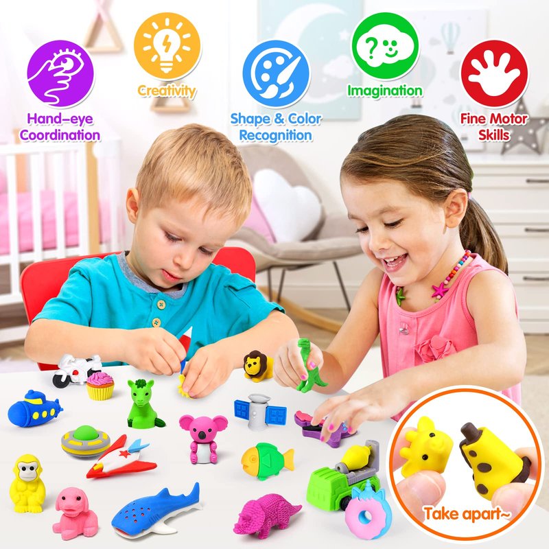70 Pack Animal Erasers for Kids Bulk Desk Pets Classroom Prizes Treasure Box Toys for Classroom Supplies, 3D Puzzle Mini Erasers Pencil Eraser Back to School Supplies for Kids Party Favors (Random)