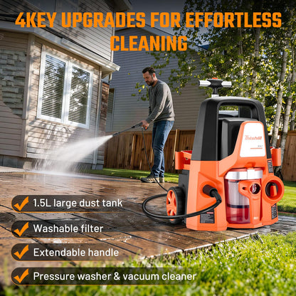 This Hill 4-in-1 Pressure Washer and Wet/Dry Vacuum, 2800 PSI Max 1.7 GPM Electric Power Washer, 1400W Multi-Function Cleaner with Blower and Foam Cannon for Cars, Patio, Garage and Home Cleaning
