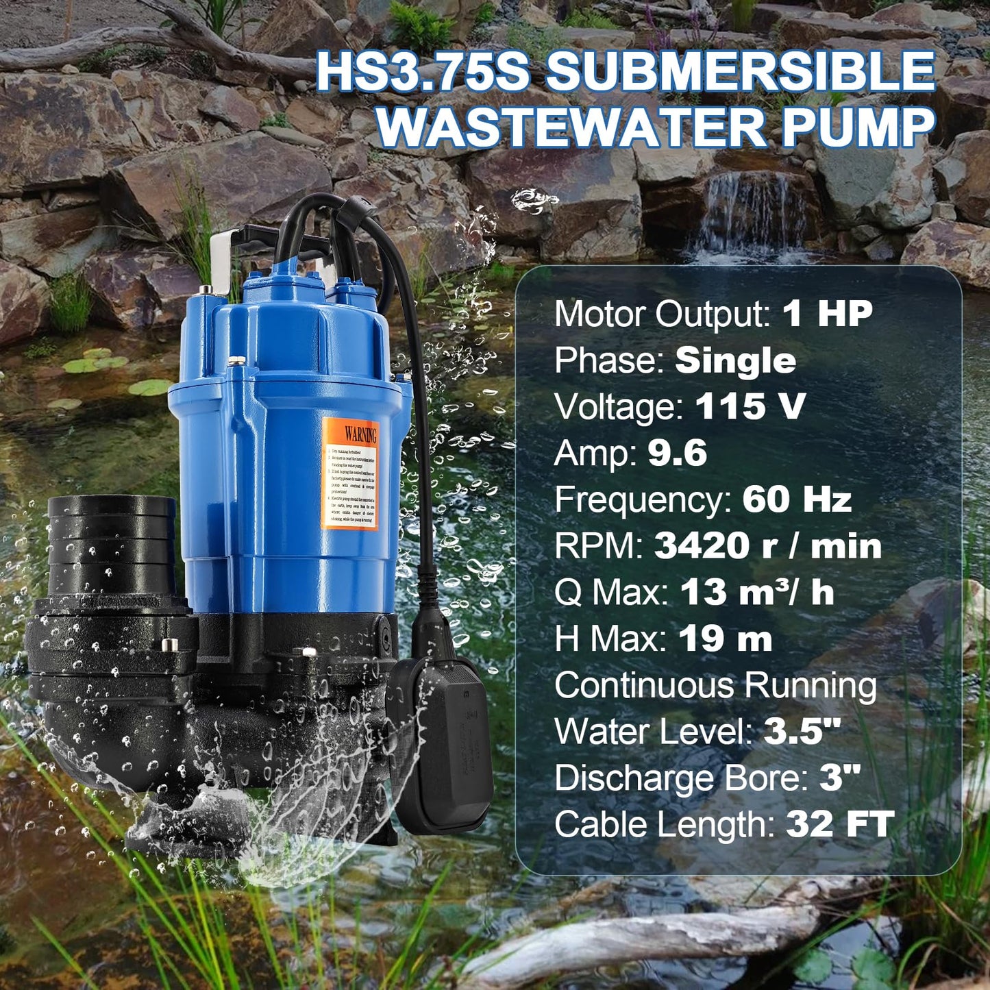 HSZ3.75S HS3.75S 1 HP 115V Automatic Electric Submersible Wastewater Pump with Float Switch Replacement for HS3.75S-62, 61 GPM / 3660 GPH, 3" Straight Male NPT