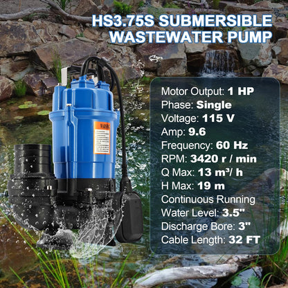HSZ3.75S HS3.75S 1 HP 115V Automatic Electric Submersible Wastewater Pump with Float Switch Replacement for HS3.75S-62, 61 GPM / 3660 GPH, 3" Straight Male NPT