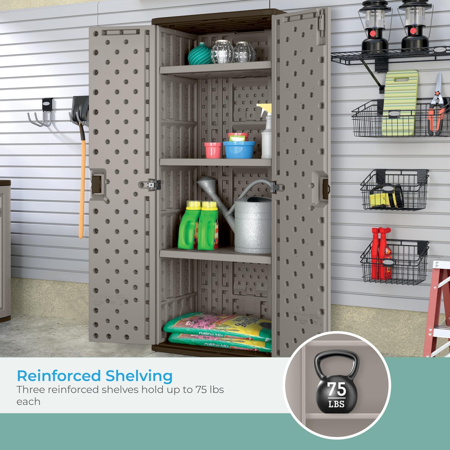 Suncast Tall Storage Cabinet, Platinum Resin Outdoor & Garage Storage Cabinet with Doors & Shelves, Plastic, Weather-Resistant, Lockable, Freestanding Utility Closet for Tools & Supplies, Made in USA