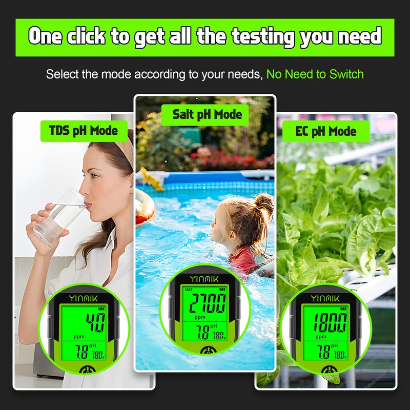 Pool Salt Tester, Digital 5 in 1 pH TDS EC Salinity Meter with Calibration Solution Kit, Simultaneous Display ppm pH for Saltwater Pool, Aquarium, Hot Tub, Spa, Hydroponics, Home Brew&Pickling