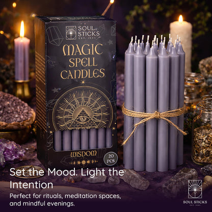 SOUL STICKS Wisdom Magic Spell Chime Taper Candles 20 Pack - Ideal for Altar, Rituals, Ceremonies, Meditation Grey Tapered Candle for Witchcraft Supplies, Wiccan Supplies, Candles Clearance