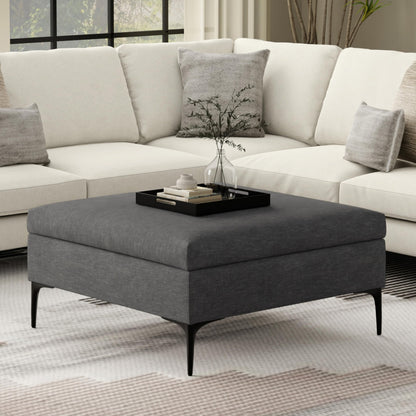 SIMPLIHOME Rebecca 36 inch Wide Contemporary Square Mid Century Coffee Table Storage Ottoman with Lift Up Lid in Slate Grey Polyester Linen, Assembled, For the Living Room, Entryway and Family Room