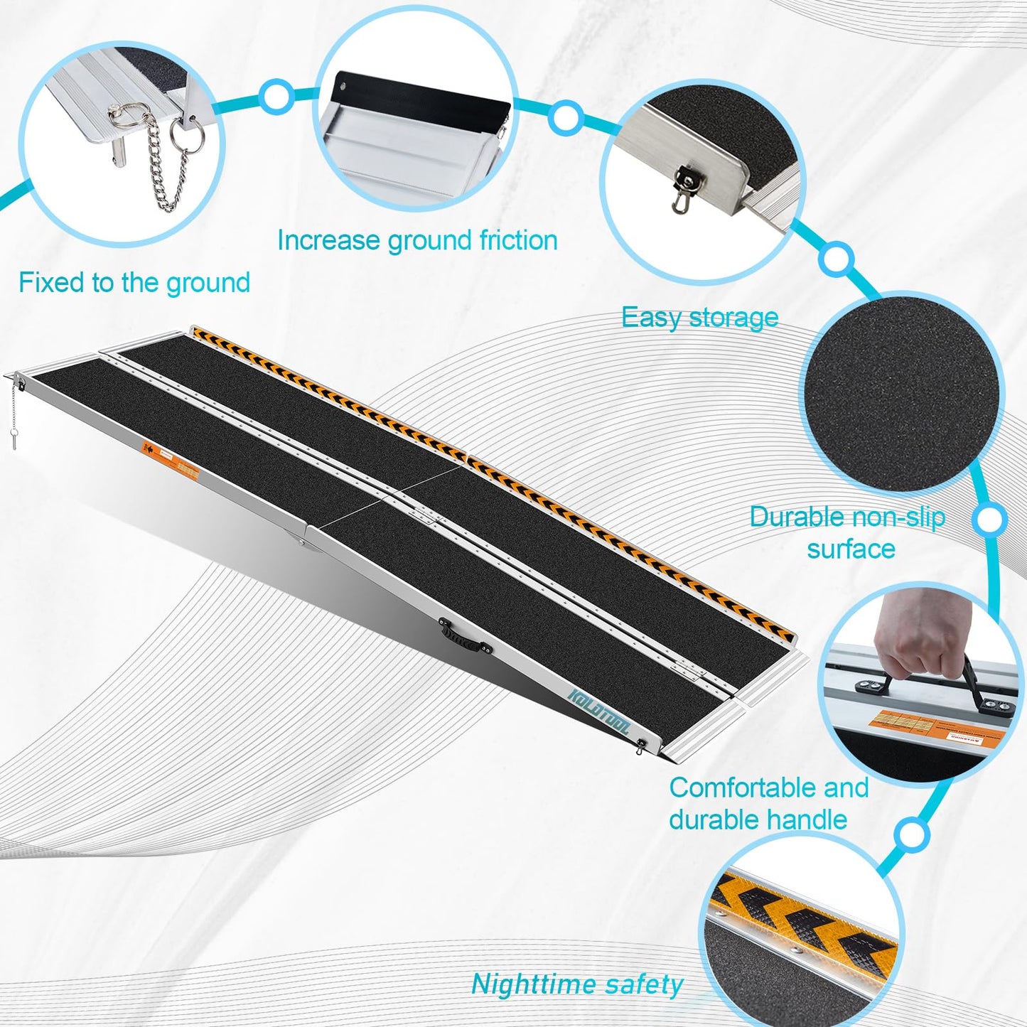 KOLOTOOL Portable Wheelchair Ramp 8FT with Support Legs, Anti-Slip Aluminum Wheelchair Ramps for Home Steps, Threshold & Doorways, Durable Handicap Ramp for Wheelchairs & Scooters 96" L x 29.2" W