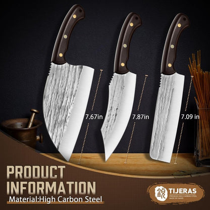 TIJERAS Butcher Knife Set, 3PCS Hand Forged Chef Knife Set, Serbian Chef Knife & Meat Cleaver Knife & Nakiri Knife, BBQ Knife Set for Meat Cutting, Japanese Men Camping Knife Set for Cooking