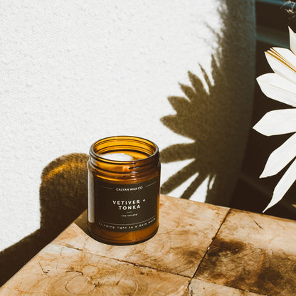 Calyan Wax Co. Oakmoss & Amber Scented Candle - 57 Hour Burn - Luxury Clean Soy Wax Candles - Long Lasting Amber Glass Jar Candle for Home - 7.2oz