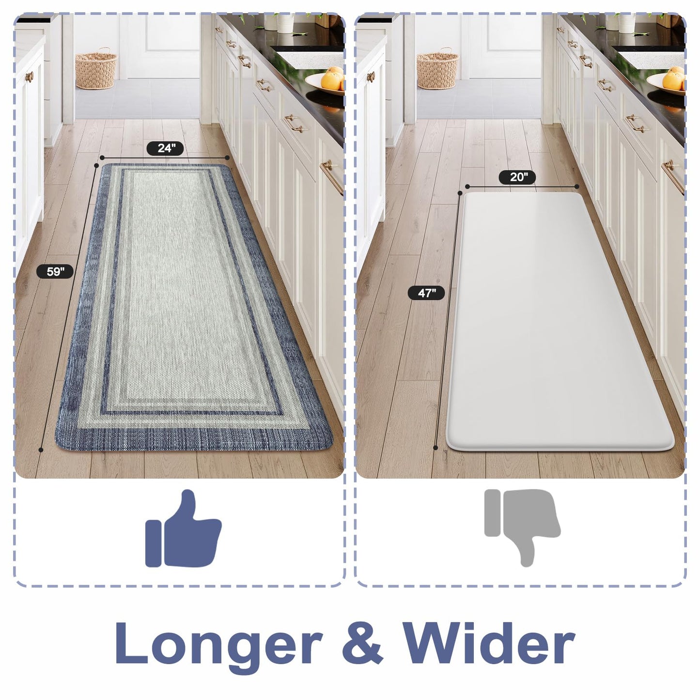KIMODE Anti Fatigue Kitchen Mats for Floor, Farmhouse Rugs for Kitchen Floor, Cushioned Kitchen Floor Mat Non Slip, Comfort Memory Foam Standing Mat for Laundry Office Sink Desk Blue 24"x59"