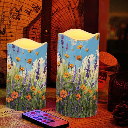 Cozeyat Meadow Floral Flameless Candles 4 Pack Battery Operated LED Pillar Candles with Remote Control Timer Color Changing for Wedding Birthday Home