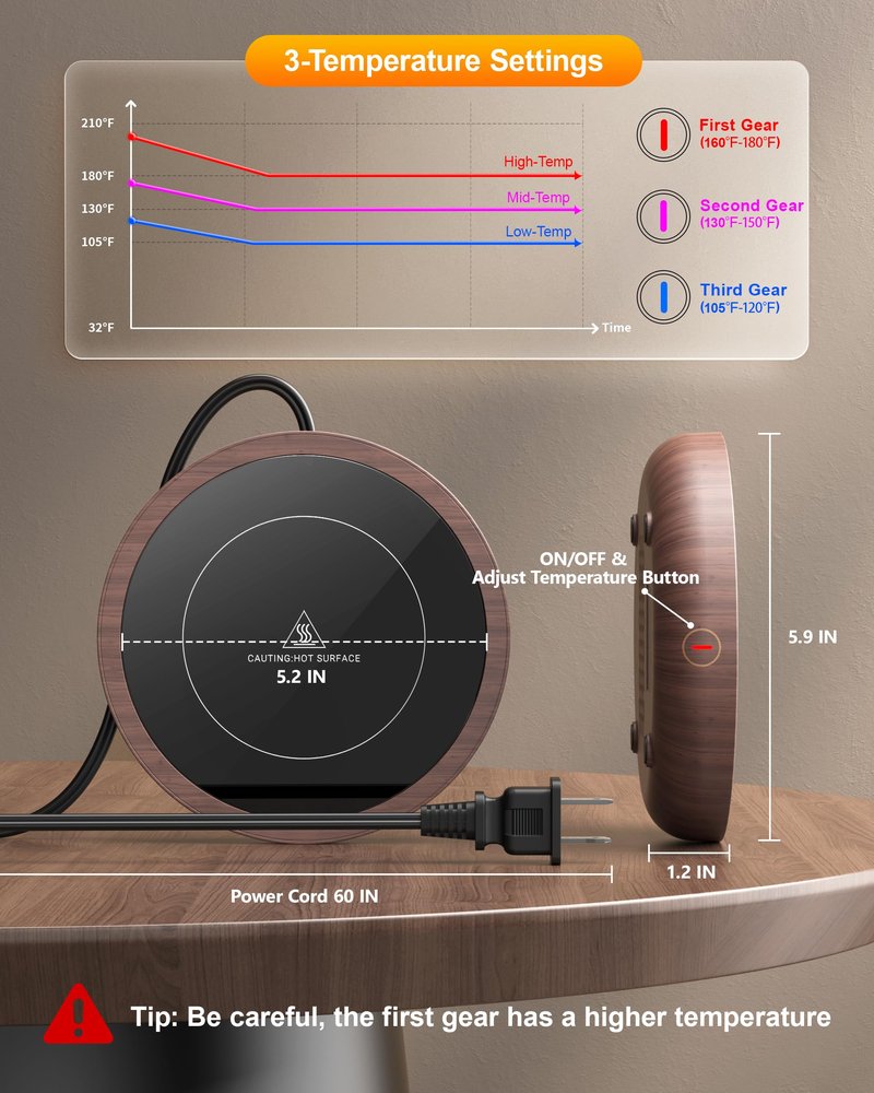 SWEETFULL Coffee Mug Warmer, 36W Electric Cup Warmer for Desk with 3-Temp Settings Advanced Temperature-Controlled Heating Coffee Gifts Accessories for Women Men Milk, Tea, Candle - Wood