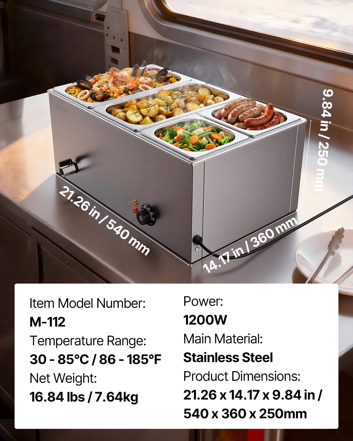 VEVOR 4-Pan Commercial Food Warmer, 24QT Electric Steam Table, 1200W Professional Countertop Stainless Steel Buffet Bain Marie with 86-185°F Temp Control for Catering and Restaurants, Silver