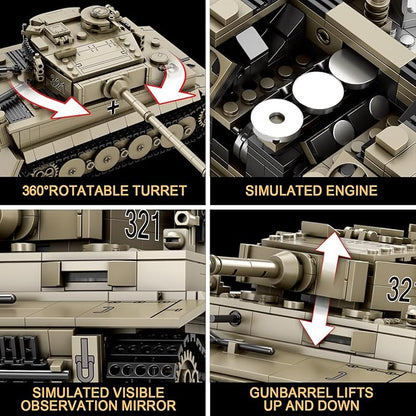 Reobrix Tiger I Tank Building Block Set for AdultWW2 Military German Tank Model SetWorld of Tanks Authorized Products 77031Army Toys Building KitIdeal Gift for Boys Age 14+1138 PCS